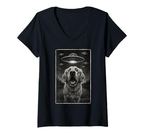 Damen Hund Mit UFO Begegnung Im Wald T-Shirt mit V-Ausschnitt Damen Hund Mit UFO Begegnung Im Wald T-Shirt mit V-Ausschnitt von Außerirdische Hunde Ufos Wald Abenteuer Nacht