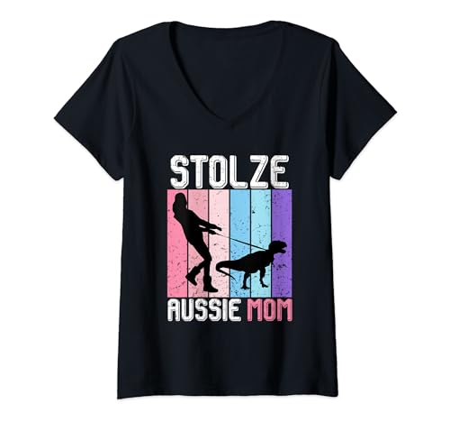 Damen Australian Shepherd STOLZE AUSSIE MOM Lustiges Vintage T-Shirt mit V-Ausschnitt von Aussie Mama Geschenk Australian Shepherd TShirt