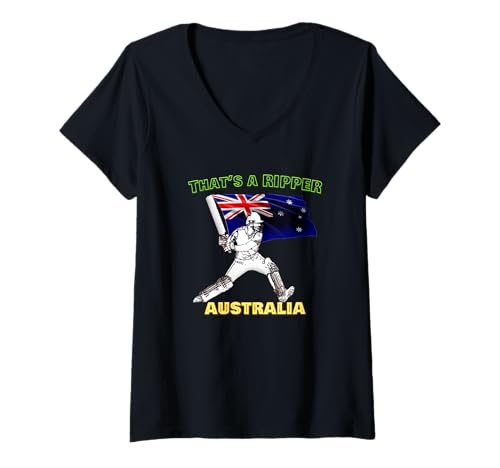 Damen Australischer Cricket-Fan, That's a Ripper Slogan, Aussie Flags T-Shirt mit V-Ausschnitt von Aussie Slang, Cricket Fan, Australian Pride