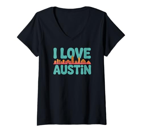 Damen I Love Austin Cityscape Typografie-Druck T-Shirt mit V-Ausschnitt Damen I Love Austin Cityscape Typografie-Druck T-Shirt mit V-Ausschnitt von Austin City Skyline Enthusiast Design