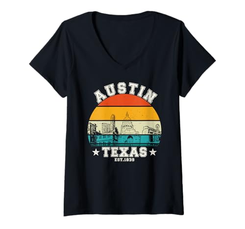 Damen Austin Texas Skyline Retro Sonnenuntergang T-Shirt mit V-Ausschnitt Damen Austin Texas Skyline Retro Sonnenuntergang T-Shirt mit V-Ausschnitt von Austin Texas Souvenirs Travel Outfit