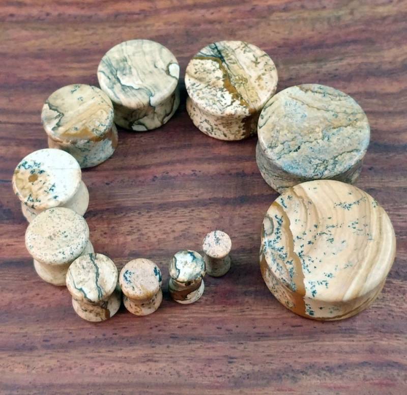 Bild Jaspis Stein Plugs Natürliche Double Flare Gauges | Paar von AustinPlugAndTunnel