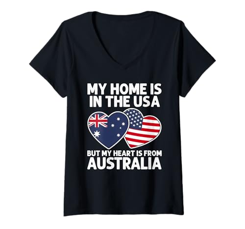 Damen Mein Zuhause USA Mein Herz Australien Australian American Pride T-Shirt mit V-Ausschnitt Damen Mein Zuhause USA Mein Herz Australien Australian American Pride T-Shirt mit V-Ausschnitt von Australia Pride Flag Apparel
