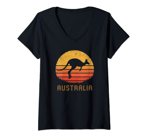 Damen Australien Retro Känguru | Australia Kangaroo Aussie Sunset T-Shirt mit V-Ausschnitt Damen Australien Retro Känguru | Australia Kangaroo Aussie Sunset T-Shirt mit V-Ausschnitt von Australia Retro T-Shirt Co.
