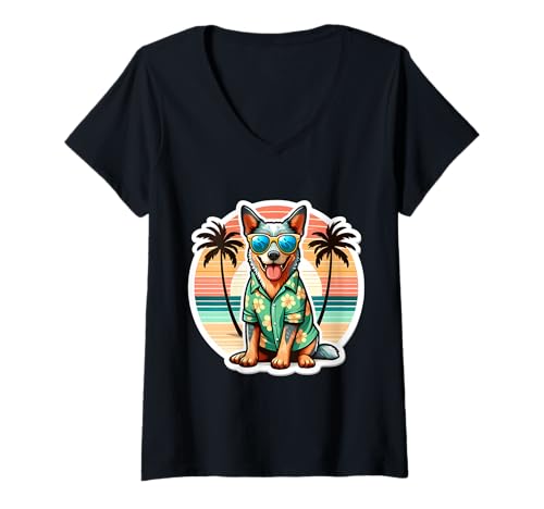 Damen Summer Vibes Vacation Tropical, Besitzer von Australian Cattle Dog T-Shirt mit V-Ausschnitt von Australian Cattle Dog Owner Summer Vibes Products