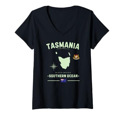 Damen Tasmanien Australien Tasmanien Karte Retro Australien Flagge GPS T-Shirt mit V-Ausschnitt von Australian Flag Tasmania Emblem Souvenirs