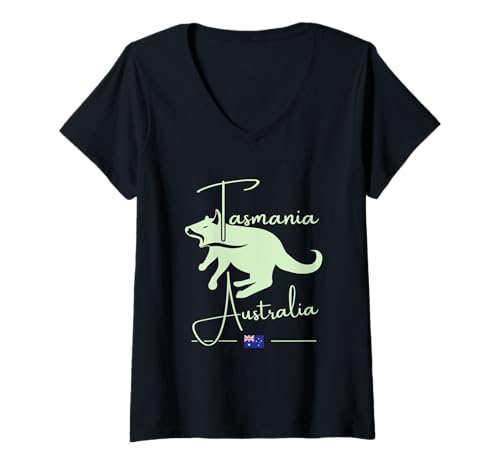 Damen Tasmanien Australien Tasmanische Karte Australien Flagge Teufel GPS T-Shirt mit V-Ausschnitt von Australian Flag Tasmania Emblem Souvenirs