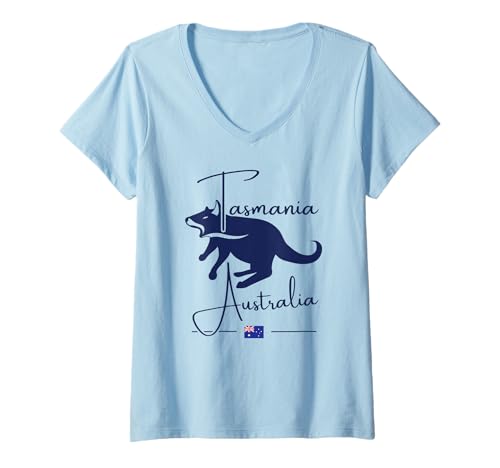 Damen Tasmanien Australien Tasmanische Karte Australien Flagge Teufel GPS T-Shirt mit V-Ausschnitt von Australian Flag Tasmania Emblem Souvenirs