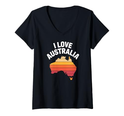 Damen Ich Liebe Australia Sunset Map Adventure T-Shirt mit V-Ausschnitt von Australian Geography Travel Lifestyle