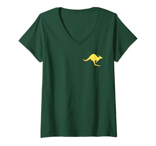 Damen Australisches Kängurugelb auf grünem Aussie Patriot T-Shirt mit V-Ausschnitt von Australian Kangaroo Aussie Australian friend
