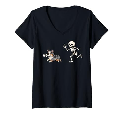 Damen Australian Shepherd Skelett Hand Halloween T-Shirt mit V-Ausschnitt Damen Australian Shepherd Skelett Hand Halloween T-Shirt mit V-Ausschnitt von Australian Shepherd Aussie Halloweenkostüm