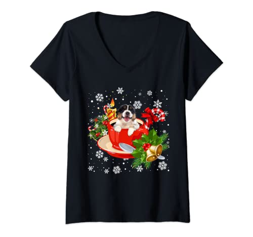 Damen Aussie And Coffee Weihnachten Schneelichter Pyjama Xmas T-Shirt mit V-Ausschnitt von Australian Shepherd Christmas Snow Gifts Co