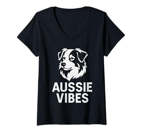Damen Australian Shepherd Design Hundekopf Aussie Vibes Minimal T-Shirt mit V-Ausschnitt Damen Australian Shepherd Design Hundekopf Aussie Vibes Minimal T-Shirt mit V-Ausschnitt von Australian Shepherd Design Hundeliebe Minimal