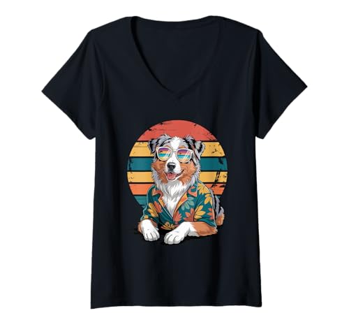 Damen Australian Shepherd Sonnenbrille Hawaii Strand Sommer T-Shirt mit V-Ausschnitt von Australian Shepherd Dog Lover Gifts