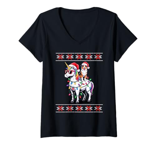 Damen Christmas Australian Shepherd Unicorn Aussie Dog T-Shirt mit V-Ausschnitt Damen Christmas Australian Shepherd Unicorn Aussie Dog T-Shirt mit V-Ausschnitt von Australian Shepherd Dog Lover Gifts