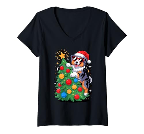 Damen Christmas Tree Australian Shepherd Sunglasses Aussie Dog T-Shirt mit V-Ausschnitt von Australian Shepherd Dog Lover Gifts