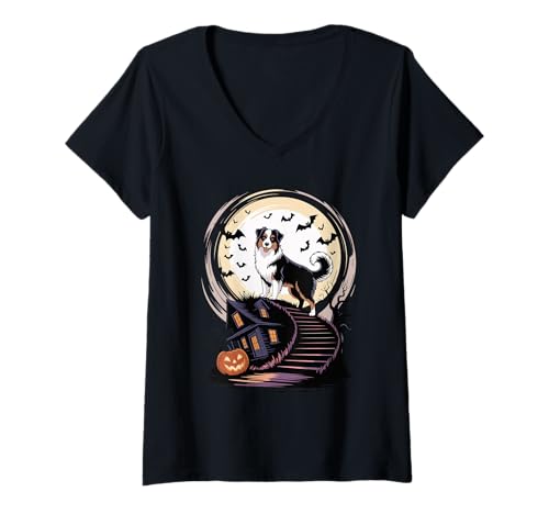 Damen Gruseliger Halloween Mond Australian Shepherd Aussie Hund T-Shirt mit V-Ausschnitt Damen Gruseliger Halloween Mond Australian Shepherd Aussie Hund T-Shirt mit V-Ausschnitt von Australian Shepherd Dog Lover Gifts