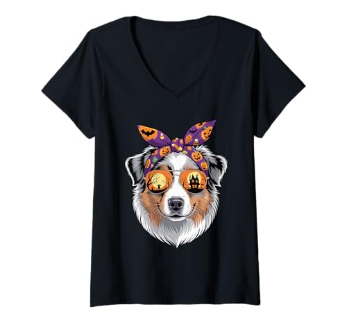 Damen Halloween Bandana Australian Shepherd Aussie Dog T-Shirt mit V-Ausschnitt Damen Halloween Bandana Australian Shepherd Aussie Dog T-Shirt mit V-Ausschnitt von Australian Shepherd Dog Lover Gifts