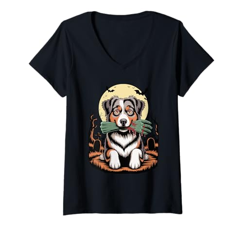 Damen Halloween Mond Zombie Hand Australian Shepherd Aussie Dog T-Shirt mit V-Ausschnitt Damen Halloween Mond Zombie Hand Australian Shepherd Aussie Dog T-Shirt mit V-Ausschnitt von Australian Shepherd Dog Lover Gifts