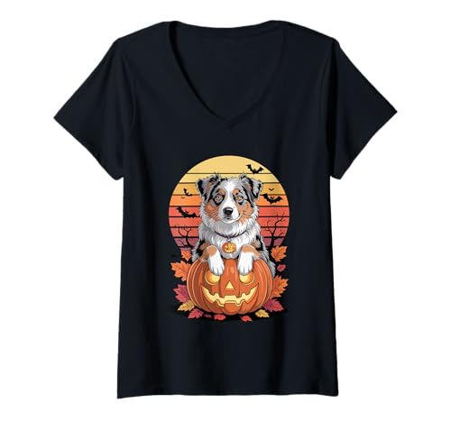 Damen Halloween Retro Australian Shepherd T-Shirt mit V-Ausschnitt Damen Halloween Retro Australian Shepherd T-Shirt mit V-Ausschnitt von Australian Shepherd Dog Lover Gifts