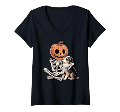 Damen Halloween Skeleton Australian Shepherd Aussie Dog T-Shirt mit V-Ausschnitt von Australian Shepherd Dog Lover Gifts
