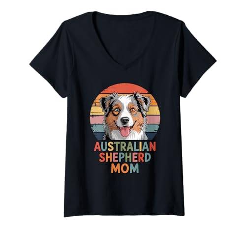 Damen Retro Sonnenuntergang Australian Shepherd Mom Aussie Hund T-Shirt mit V-Ausschnitt von Australian Shepherd Dog Lover Gifts
