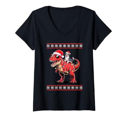 Damen Weihnachten Australian Shepherd T-Rex Dinosaurier Aussie Dog T-Shirt mit V-Ausschnitt Damen Weihnachten Australian Shepherd T-Rex Dinosaurier Aussie Dog T-Shirt mit V-Ausschnitt von Australian Shepherd Dog Lover Gifts