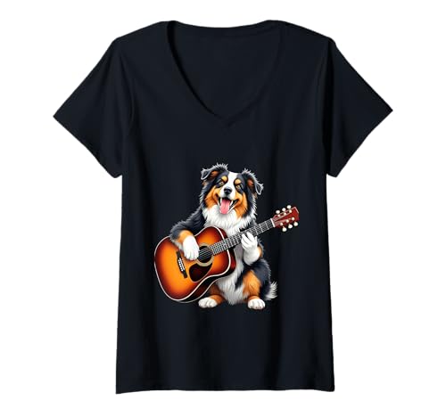 Damen Australian Shepherd spielt Gitarre Lustiger Australian Shepherd T-Shirt mit V-Ausschnitt von Australian Shepherd Dog Lovers Designs