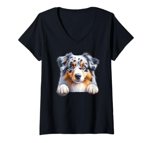 Damen Australian Shepherd Dog Agility Dogs Spotted Herding Puppy T-Shirt mit V-Ausschnitt von Australian Shepherd Dog Portrait Face Paws Puppy