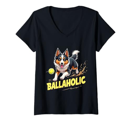 Damen Lustiger Ballaholischer Australischer Schäferhund Jagd Aussie Ball T-Shirt mit V-Ausschnitt Damen Lustiger Ballaholischer Australischer Schäferhund Jagd Aussie Ball T-Shirt mit V-Ausschnitt von Australian Shepherd Fun Designs