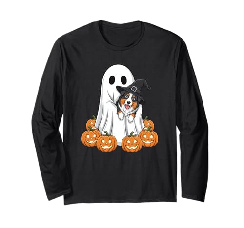 Ghost Australian Shepherd Kürbis Halloween Kinder Herren Damen Langarmshirt von Australian Shepherd Halloween Outfits for Boy Girl