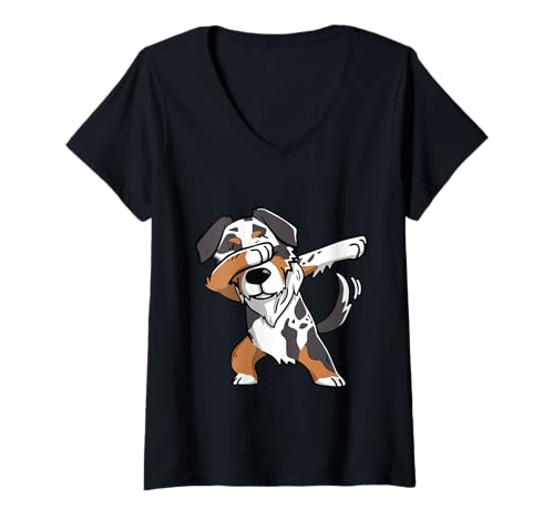 Damen Lustiges Dabbing Australian Shepherd T-Shirt mit V-Ausschnitt von Australian Shepherd Merch GA