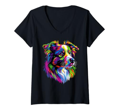 Damen Australian Shepherd Bunte Farben Pop Art Aussie Shepherds T-Shirt mit V-Ausschnitt von Australian Shepherd Motiv für Frauchen & Herrchen