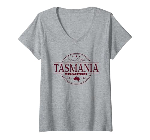Damen Tasmanien Australien - Tasmania Island State Label T-Shirt mit V-Ausschnitt von Australian Souvenir Cos.