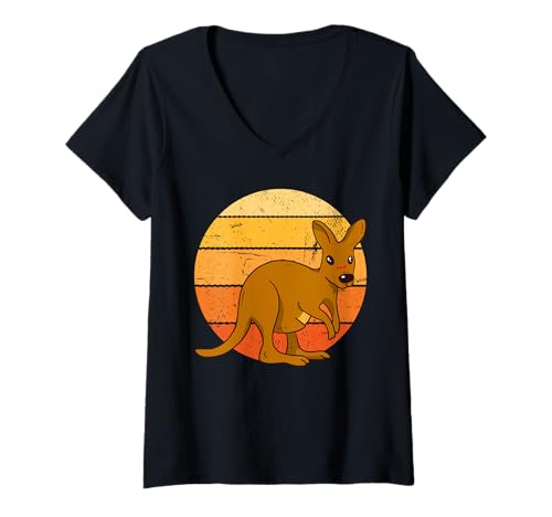 Damen Abenteuerspaß im Känguru-Outback bei Sonnenuntergang, Australien T-Shirt mit V-Ausschnitt von Australian Wildlife Animal Kangaroo Fun