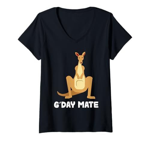 Damen G'Day Mate Kangaroo Australischer Humor T-Shirt mit V-Ausschnitt von Australian Wildlife Animal Kangaroo Fun