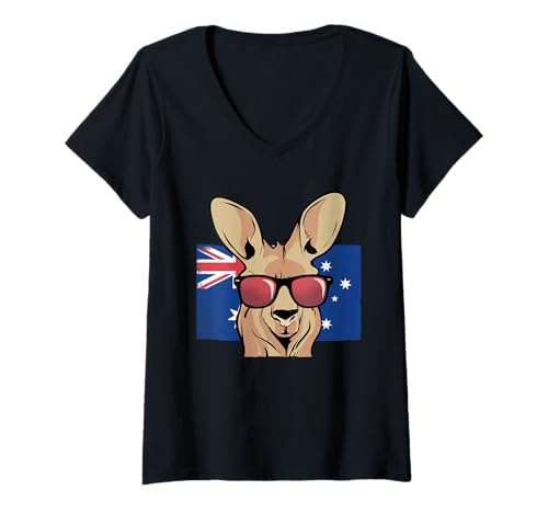 Damen Känguru mit Sonnenbrille Australien Flagge T-Shirt mit V-Ausschnitt Damen Känguru mit Sonnenbrille Australien Flagge T-Shirt mit V-Ausschnitt von Australian Wildlife Animal Kangaroo Fun