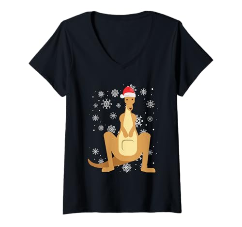 Damen Känguru mit Weihnachtsmütze Schneeflocken Aussie Weihnachten T-Shirt mit V-Ausschnitt Damen Känguru mit Weihnachtsmütze Schneeflocken Aussie Weihnachten T-Shirt mit V-Ausschnitt von Australian Wildlife Animal Kangaroo Fun