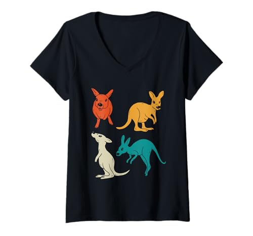 Damen Lebendige Känguru-Illustration, Bunte Wildtiere, Aussie T-Shirt mit V-Ausschnitt von Australian Wildlife Animal Kangaroo Fun