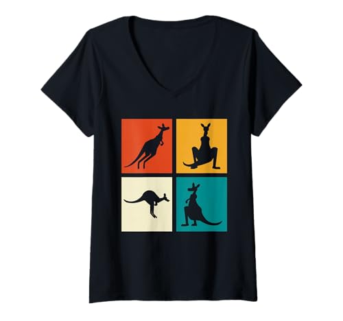 Damen Retro-Känguru-Silhouette, Pop-Art-Stil, Aussie T-Shirt mit V-Ausschnitt Damen Retro-Känguru-Silhouette, Pop-Art-Stil, Aussie T-Shirt mit V-Ausschnitt von Australian Wildlife Animal Kangaroo Fun