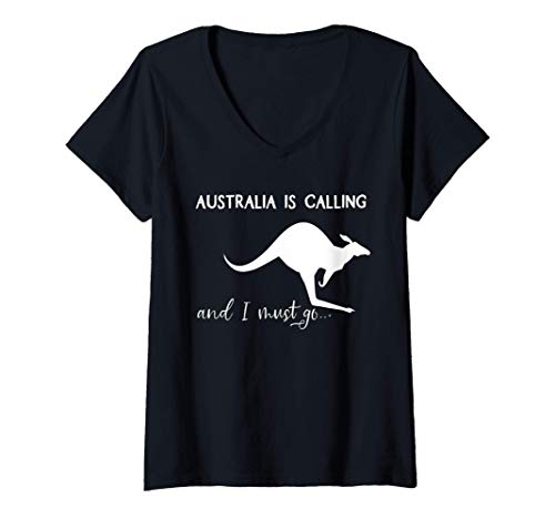 Damen Australien is calling and I must go... Känguru Australia T-Shirt mit V-Ausschnitt von Australien Känguru Backpacker Urlaub Geschenkidee