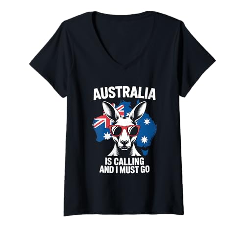 Damen Australia is Calling and I Must Go Australien Kaenguru Reise T-Shirt mit V-Ausschnitt von Australien Kaenguru Outback Reise Abenteuer Fan