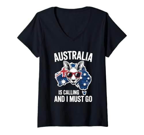 Damen Australien Ruft Und Ich Muss Los Känguru Flagge T-Shirt mit V-Ausschnitt Damen Australien Ruft Und Ich Muss Los Känguru Flagge T-Shirt mit V-Ausschnitt von Australien Känguru Outback Reise Backpacker Fan