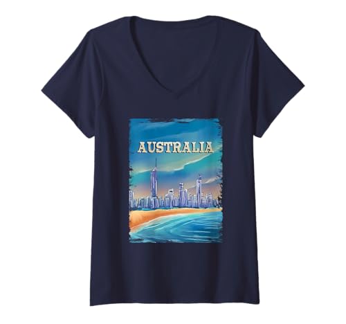 Damen Australien Land und Kontinent Großstadt Strand Australia T-Shirt mit V-Ausschnitt Damen Australien Land und Kontinent Großstadt Strand Australia T-Shirt mit V-Ausschnitt von Australien Land Kontinent Ozean