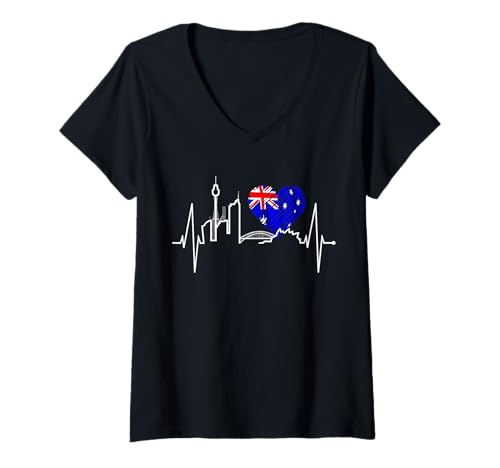 Damen Sydney Skyline Herzschlag Australien Liebe Flagge Fan Sydney T-Shirt mit V-Ausschnitt von Australien & Sydney Geschenkideen Mit Herz