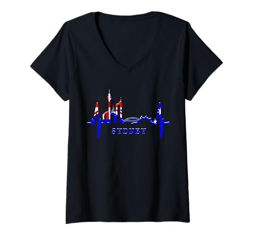 Damen Sydney Skyline Herzschlag Australien Liebe Fan I Love Sydney T-Shirt mit V-Ausschnitt von Australien & Sydney Skylines mit Herz