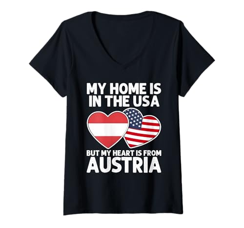 Damen My Home USA My Heart Austria Austrian American Pride Flagge T-Shirt mit V-Ausschnitt Damen My Home USA My Heart Austria Austrian American Pride Flagge T-Shirt mit V-Ausschnitt von Austria Pride Flag Apparel