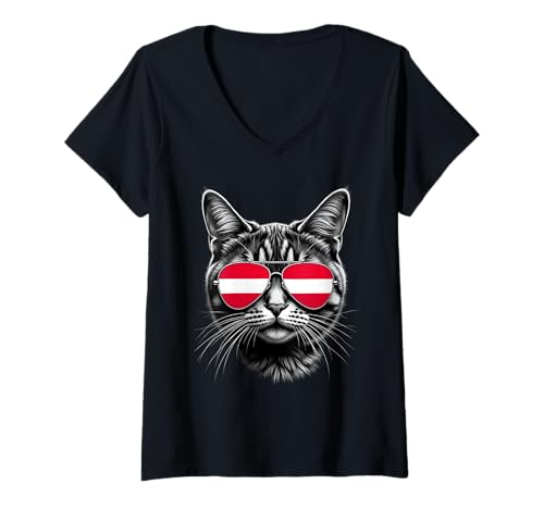 Damen Österreich Flagge Katze Gesicht Sonnenbrille Österreich Flagge T-Shirt mit V-Ausschnitt Damen Österreich Flagge Katze Gesicht Sonnenbrille Österreich Flagge T-Shirt mit V-Ausschnitt von Austrian Flag Designs