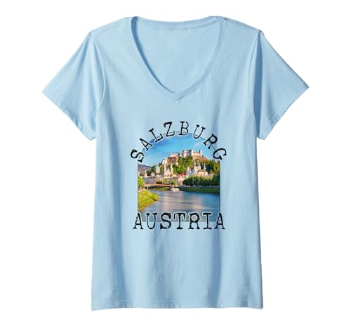Damen Salzburg Österreich Alpen Berge Festung Hohensalzburg T-Shirt mit V-Ausschnitt von Austrian Salzburg Salzach River Souvenirs