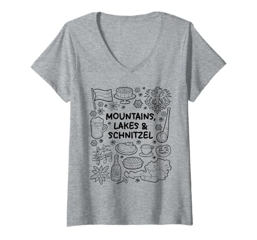 Damen Berge, Seen & Schnitzel – österreichische Natur und Küche T-Shirt mit V-Ausschnitt Damen Berge, Seen & Schnitzel – österreichische Natur und Küche T-Shirt mit V-Ausschnitt von Austrian Vibes Designs